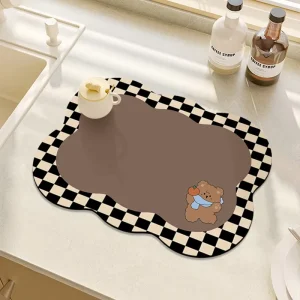 Non-slip Plaid Cartoon Bear Quick Dry Diatomite Diatom Mud Door Kids Coffee Table Kitchen Mat Bathroom Carpet and Rug
