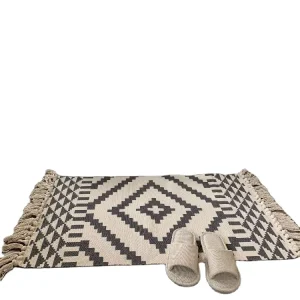 Nordic Bohemian Style Kilim Carpet and Rug Black White Cotton Linen Woven Non-Slip Floor Mat with Tassel Removable & Washable