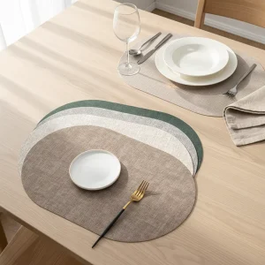 Oval Double Sided Placemats PU Leather Vintage Cloth Texture Placemat Heat Resistant Table Place Mats