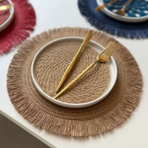 Paper Woven Round Placemats with Tassel, Non-Slip Heat-Insulating Holiday Decor