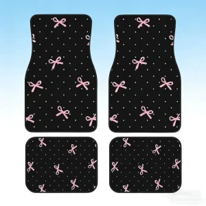 Pink Bow Car Floor Mats 4PCS Non-Slip Easy Clean Universal Vehicle Mat Set Car Interior Decor