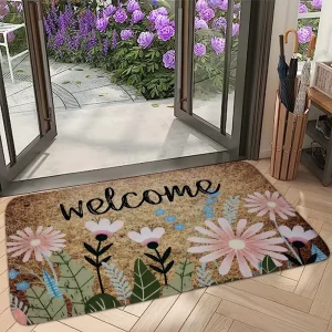 Pink Daisy Botanical Print Welcome Doormat Non-Slip Front Door Mat Floral Entry Rug