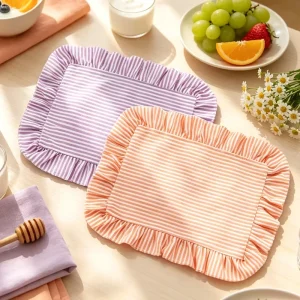 Place Mats with Ruffle Rectangle Placemat Washable Stripes Farmhouse Fabric Table Mats for Wedding Dining Table Home Decor