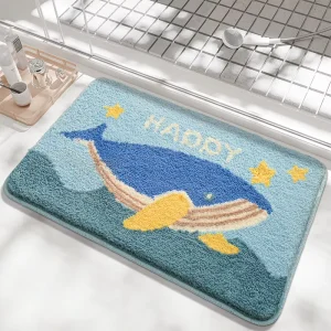 Polyester Terylene Bathroom Rug, Absorbent Non-Slip Flocked Floor Mat with Striped or Cartoon Design