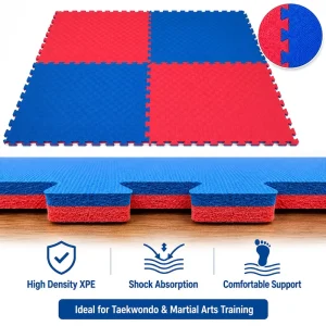 Red Blue Reversible High-Density XPE Puzzle Floor Mat for Taekwondo, Karate, and Exercise