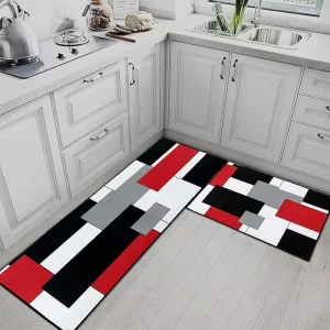 Red Geometric Cushioned Polyester Non-Skid Washable Pet-Friendly Reversible Kitchen Rug Set