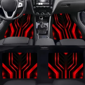 Red Geometric Cyber Design 4-Piece Car Floor Mat Set, Non-Slip Interior Liners