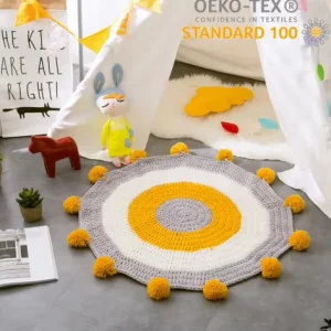 Ring Contrast Color Pompom Rug for Kids Bedroom Soft Baby Crawl Pad Chunky Knit Iceland Yarn Picnic Mat