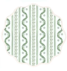 Sage Green Botanical Round Cotton Linen Placemats with Scalloped Border for Wedding and Restaurant Tables