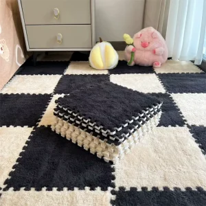 Square Printed Polyester Fiber Patchwork Geometric Floor Mat, Non-Slip Stain-Resistant Easy-Clean
