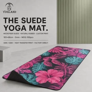 Suede Yoga Mat with Custom Gold Logo, Non-Slip Natural Rubber Pad