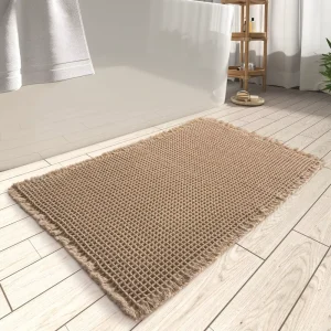 Super Absorbent Non Slip Waffle Bath Mats with Tassels Machine Washable Bathroom Rugs for Home or Hotel Use