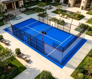 Super Panoramic Padel Court Full Blue Turf Galvanized Steel Frame 12mm PE Grass Residential Complex SPD 02