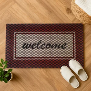 TPR Backing Printed Custom Doormat Heavy-Duty Non-Slip Welcome Mat for Front Door Washable Checkered Pattern