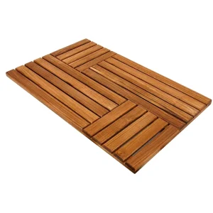 Teak Wood Bath Mat, Shower Mats for Bathroom Large with Non-Slip Pads, Wood Floor Sturdy Mat for Inside Shower