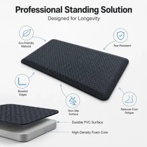 Thick PU Anti-Fatigue Floor Mat, Solid Color, Wear-Resistant, Stain-Resistant, Anti-Slip, Washable