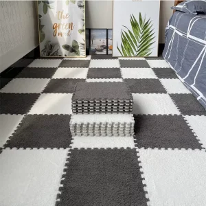 Thickened Plush Interlocking Floor Mat Fluffy Square Tiles EVA Foam Mats with 16 Edgings Soft Anti Slip Play Mat for Room