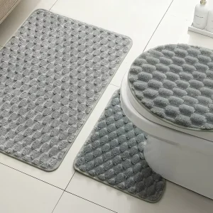 Three-Piece Set Polyester Bathroom Floor Mats Set Plush Rug Water-Absorbent Mat Doorway Non-Slip Foot Mat Toilet Home Use