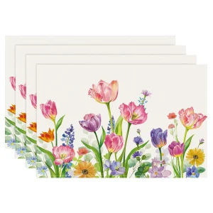 Tulips Spring Floral Colored Placemats Set 4 Pcs, 12×18 Inch Dining Table Mat Set Washable Placemats Hotel Home Party Decor