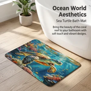 Ultra Absorbent Eco-Friendly Sea Turtle Bath Mat Coral Reef Print Non Slip Quick Dry Flannel Bathroom Rug Soft Ocean Mat