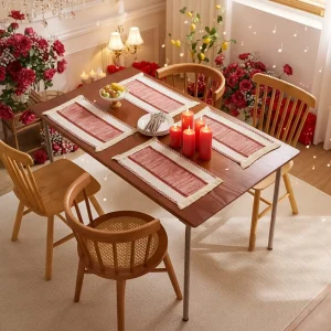 Valentine’s Day Red Woven Washable Rectangular Fringe Placemat Set