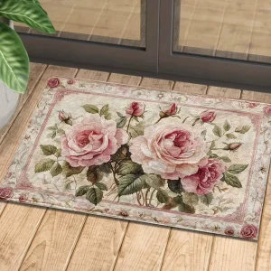 Vintage Pink Rose Print Doormat Shabby Chic Floral Non-Slip Front Door Mat Farmhouse Botanical Entrance Rug