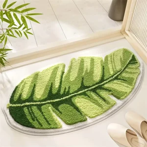 Washable Green Leaf Shaped Polyester Tufted Bath Mats Non Slip High-Low Pile Absorbent Soft Bathroom Rug for Home & Hotel Use