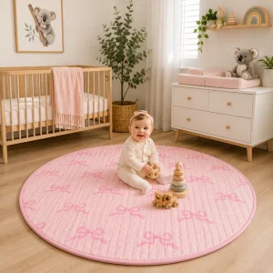 Washed Cotton Fabric Quilted Play Mat Cozy Supple Round Kid Play Mats for Tummy Time