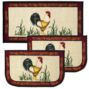 Waterproof Cushioned Washable Loop-Pile Non-Slip Latex-Backed Rooster 3-Piece Kitchen Rug and Mat Set